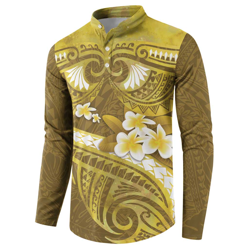 Gold Polynesia Button Sweatshirt Tribal Pattern Tropical Frangipani