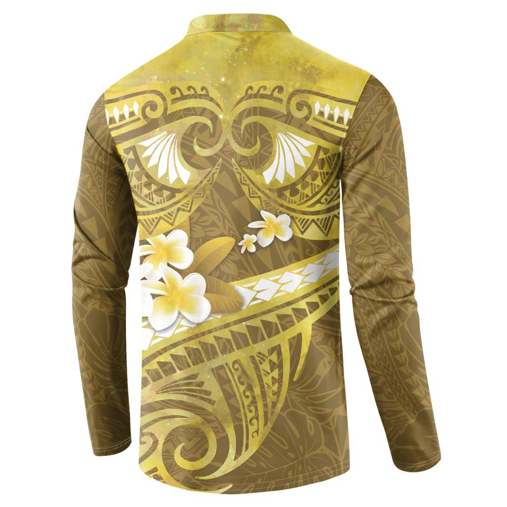 Gold Polynesia Button Sweatshirt Tribal Pattern Tropical Frangipani