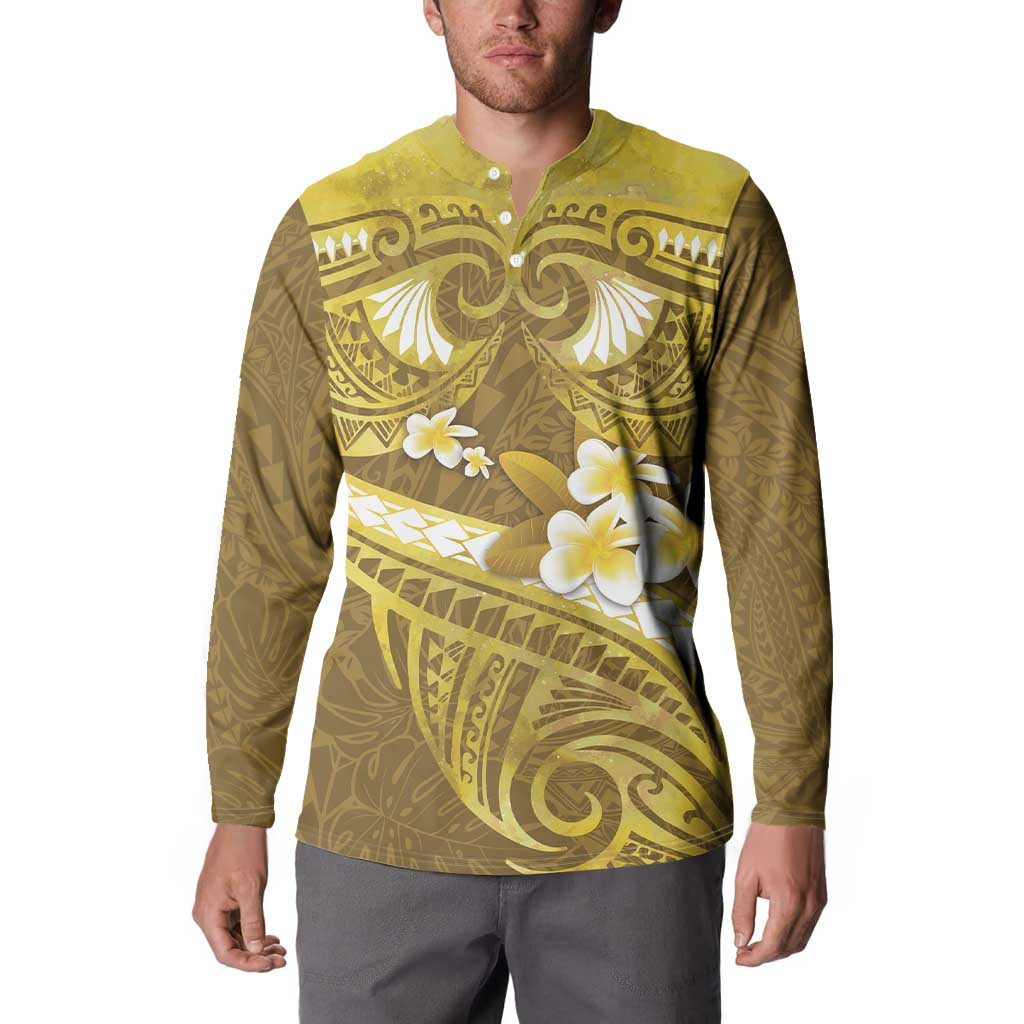 Gold Polynesia Button Sweatshirt Tribal Pattern Tropical Frangipani