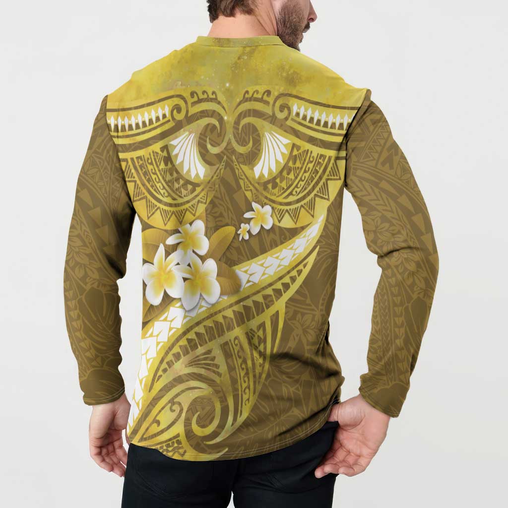 Gold Polynesia Button Sweatshirt Tribal Pattern Tropical Frangipani