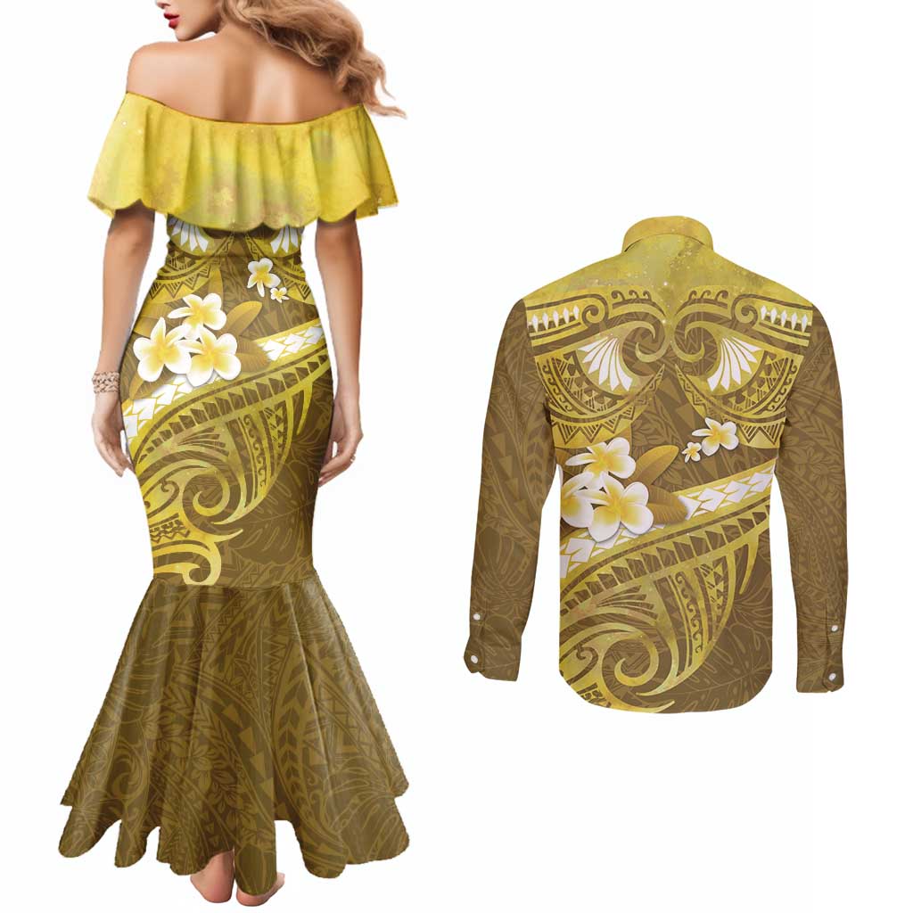 Gold Polynesia Couples Matching Mermaid Dress and Long Sleeve Button Shirt Tribal Pattern Tropical Frangipani