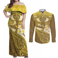 Gold Polynesia Couples Matching Off Shoulder Maxi Dress and Long Sleeve Button Shirt Tribal Pattern Tropical Frangipani