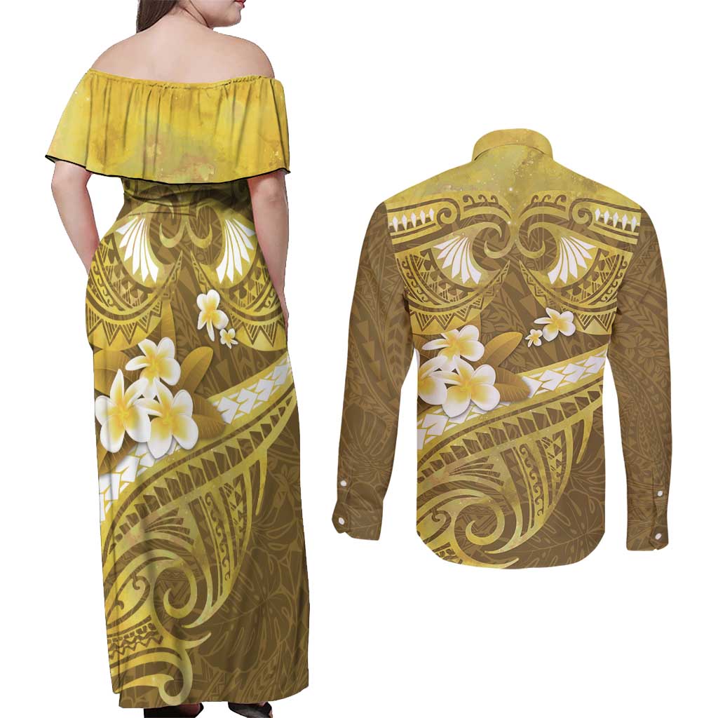 Gold Polynesia Couples Matching Off Shoulder Maxi Dress and Long Sleeve Button Shirt Tribal Pattern Tropical Frangipani