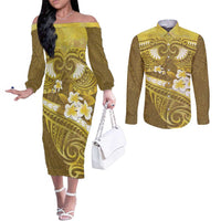 Gold Polynesia Couples Matching Off The Shoulder Long Sleeve Dress and Long Sleeve Button Shirt Tribal Pattern Tropical Frangipani