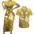 Gold Polynesia Couples Matching Short Sleeve Bodycon Dress and Hawaiian Shirt Tribal Pattern Tropical Frangipani