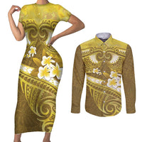 Gold Polynesia Couples Matching Short Sleeve Bodycon Dress and Long Sleeve Button Shirt Tribal Pattern Tropical Frangipani