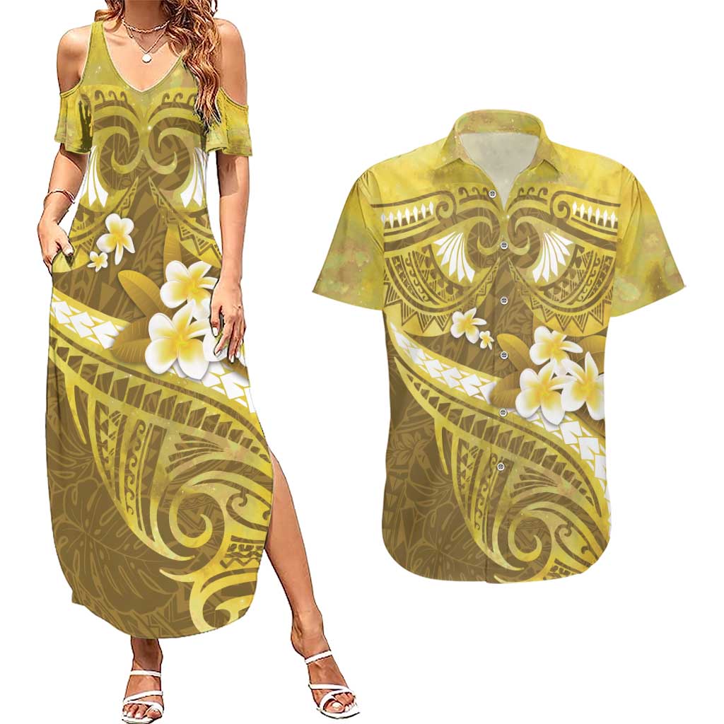 Gold Polynesia Couples Matching Summer Maxi Dress and Hawaiian Shirt Tribal Pattern Tropical Frangipani