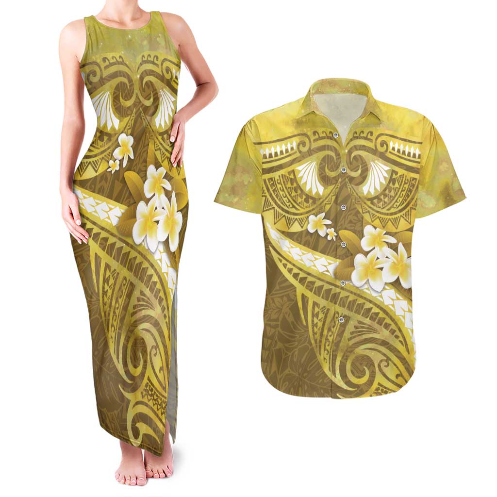 Gold Polynesia Couples Matching Tank Maxi Dress and Hawaiian Shirt Tribal Pattern Tropical Frangipani
