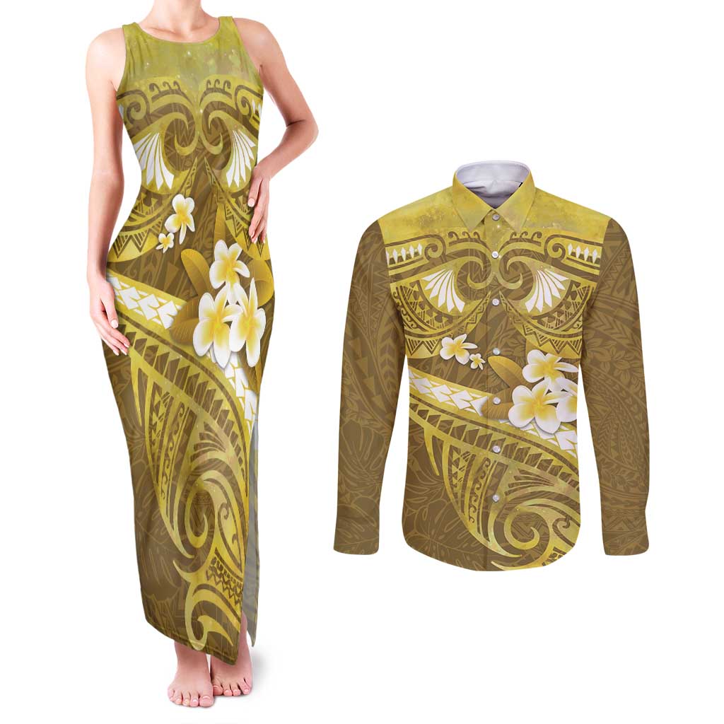 Gold Polynesia Couples Matching Tank Maxi Dress and Long Sleeve Button Shirt Tribal Pattern Tropical Frangipani