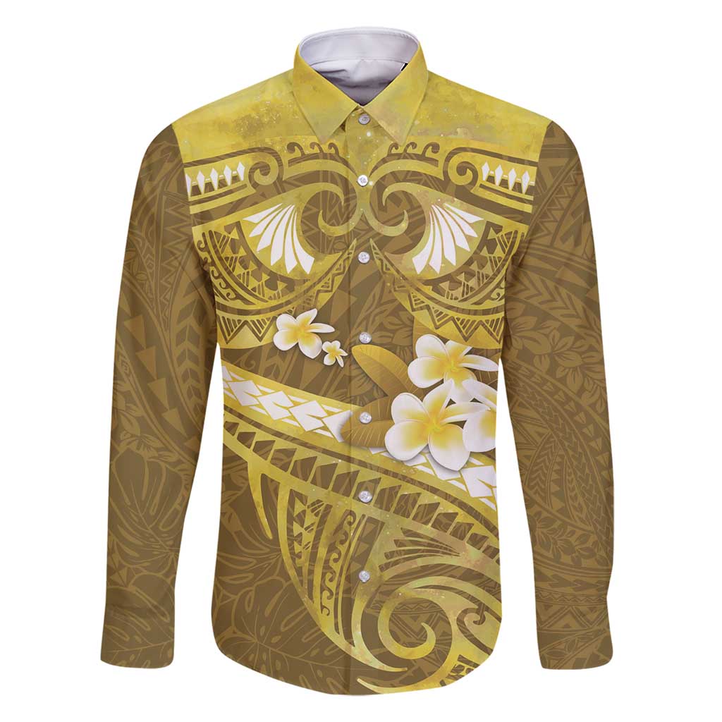 Gold Polynesia Family Matching Long Sleeve Bodycon Dress and Hawaiian Shirt Tribal Pattern Tropical Frangipani