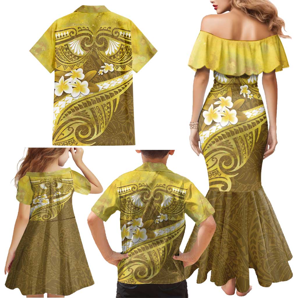 Gold Polynesia Family Matching Mermaid Dress and Hawaiian Shirt Tribal Pattern Tropical Frangipani
