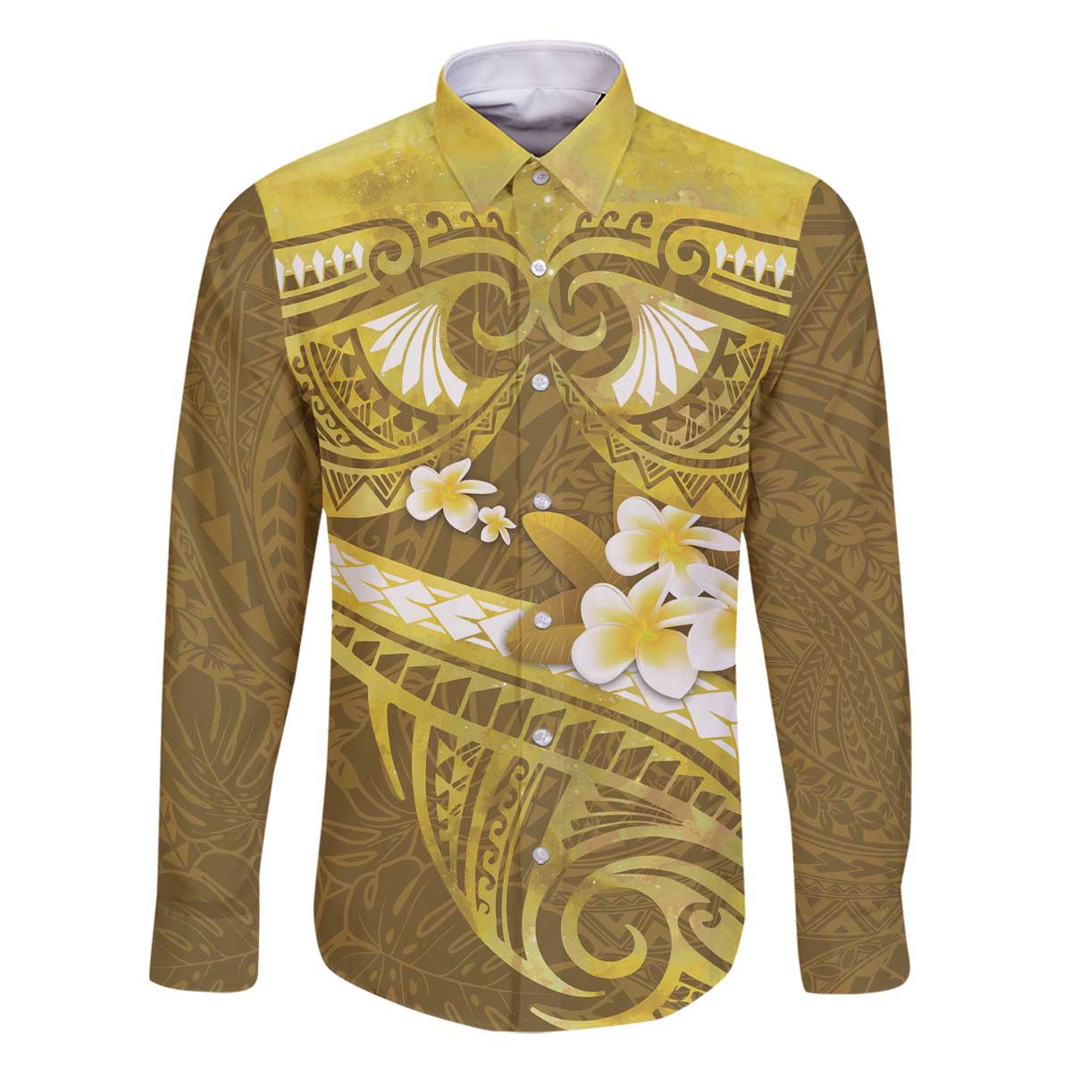 Gold Polynesia Family Matching Off Shoulder Short Dress and Hawaiian Shirt Tribal Pattern Tropical Frangipani