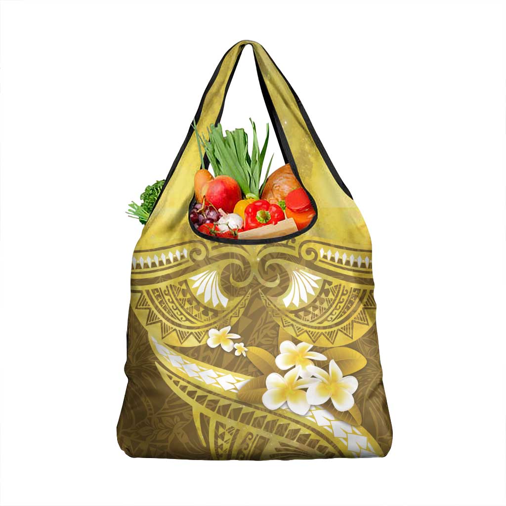 Gold Polynesia Grocery Bag Tribal Pattern Tropical Frangipani
