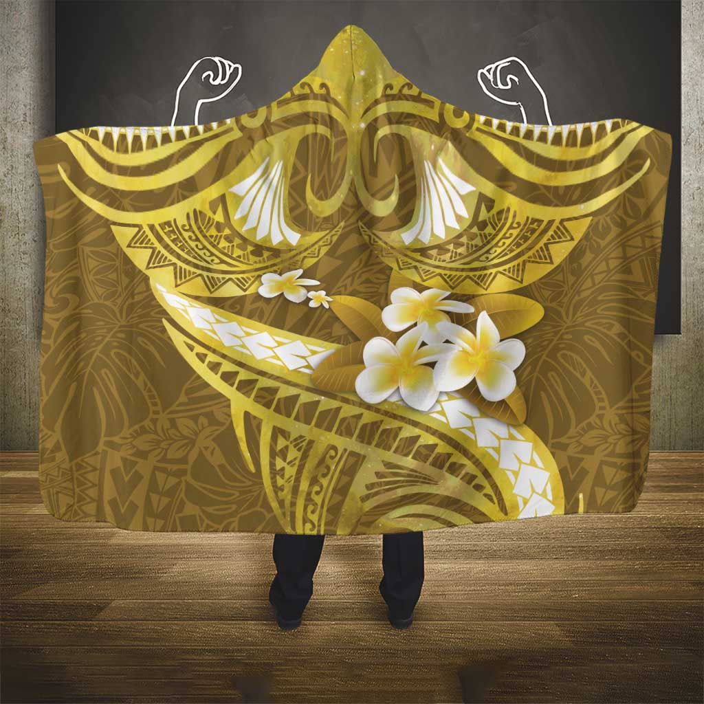 Gold Polynesia Hooded Blanket Tribal Pattern Tropical Frangipani