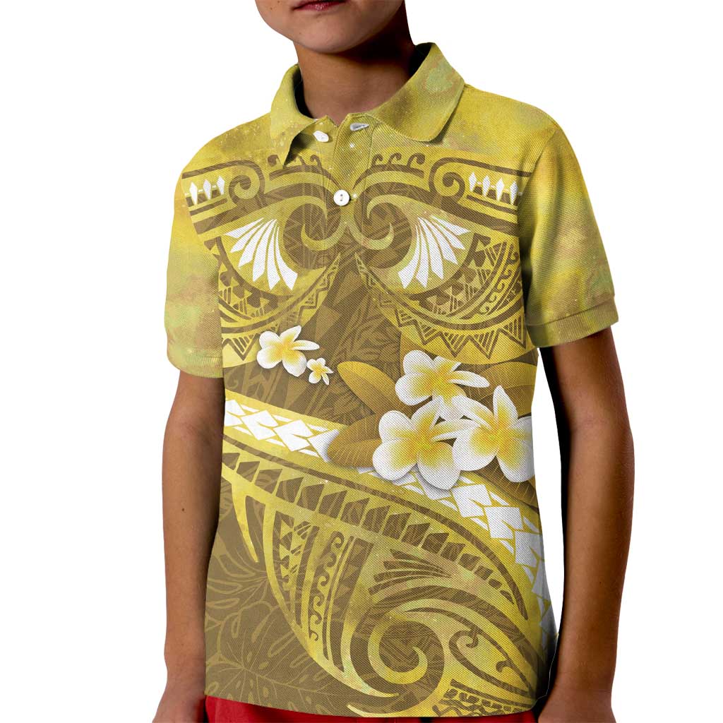 Gold Polynesia Kid Polo Shirt Tribal Pattern Tropical Frangipani LT14 Kid Gold - Polynesian Pride