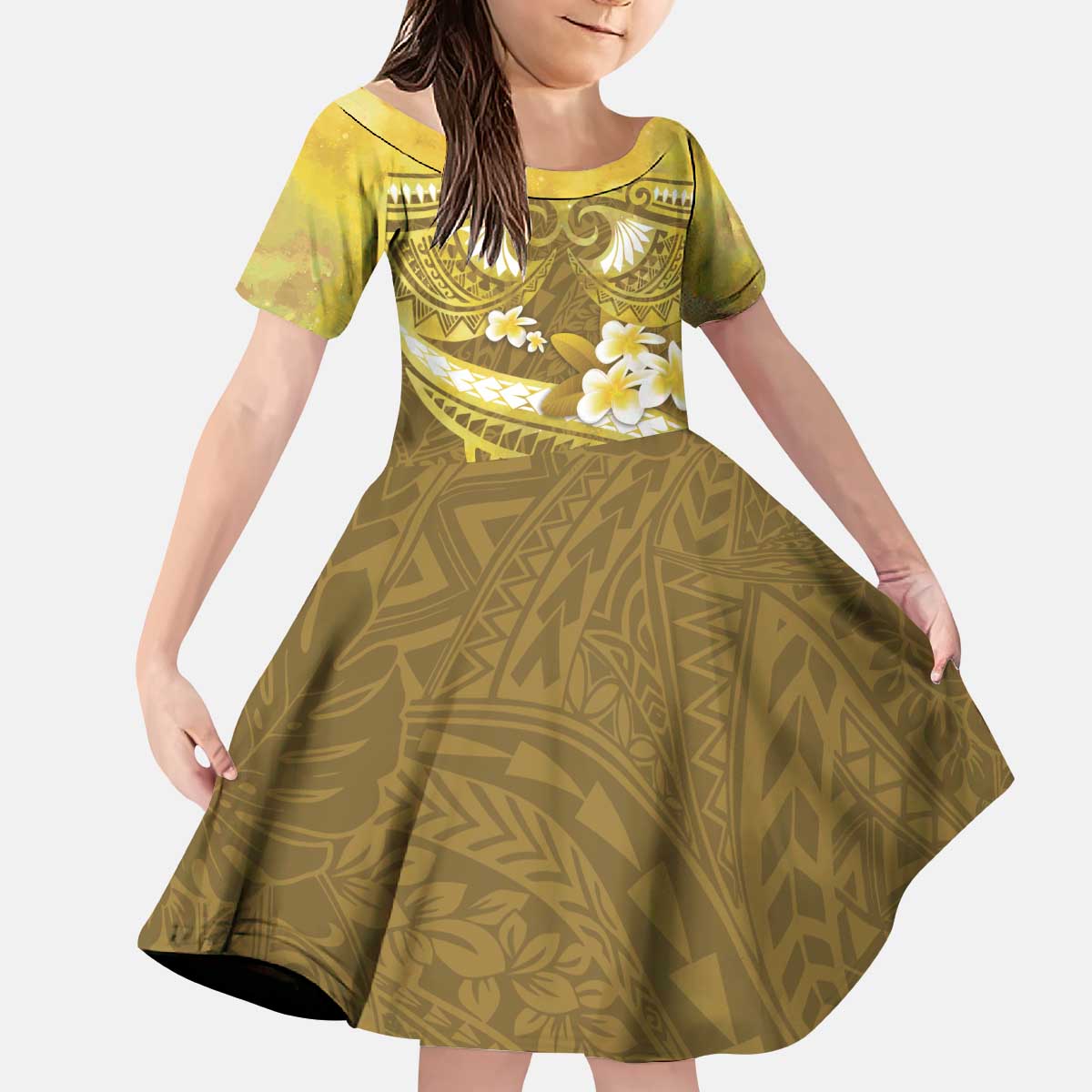 Gold Polynesia Kid Short Sleeve Dress Tribal Pattern Tropical Frangipani LT14 KID Gold - Polynesian Pride