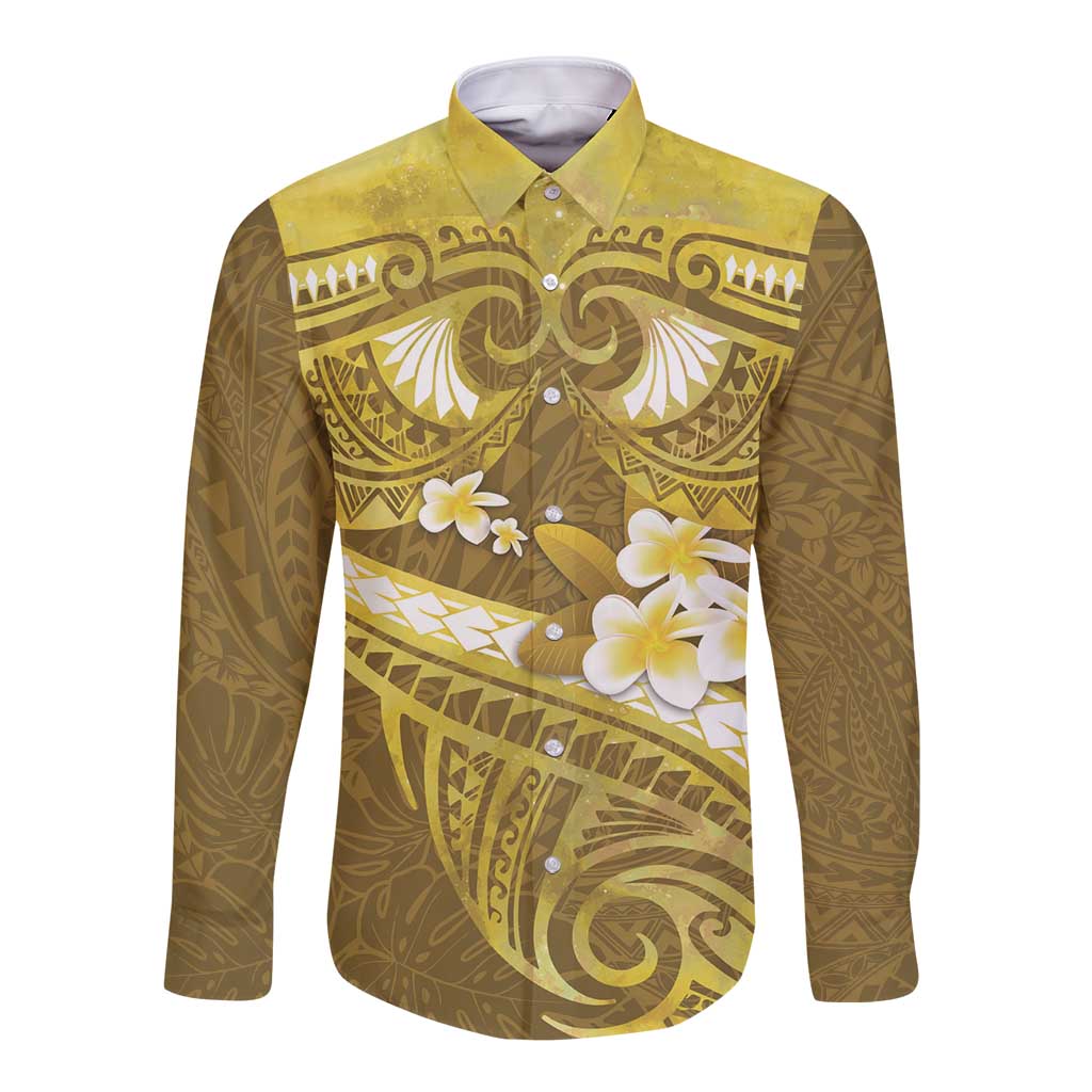 Gold Polynesia Long Sleeve Button Shirt Tribal Pattern Tropical Frangipani