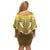 Gold Polynesia Off Shoulder Short Dress Tribal Pattern Tropical Frangipani