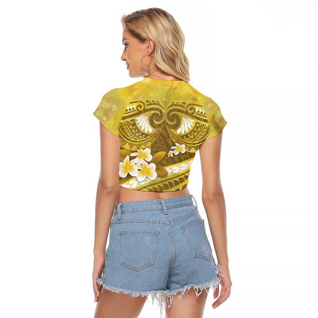 Gold Polynesia Raglan Cropped T Shirt Tribal Pattern Tropical Frangipani LT14 - Polynesian Pride