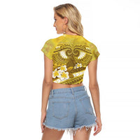 Gold Polynesia Raglan Cropped T Shirt Tribal Pattern Tropical Frangipani LT14 - Polynesian Pride