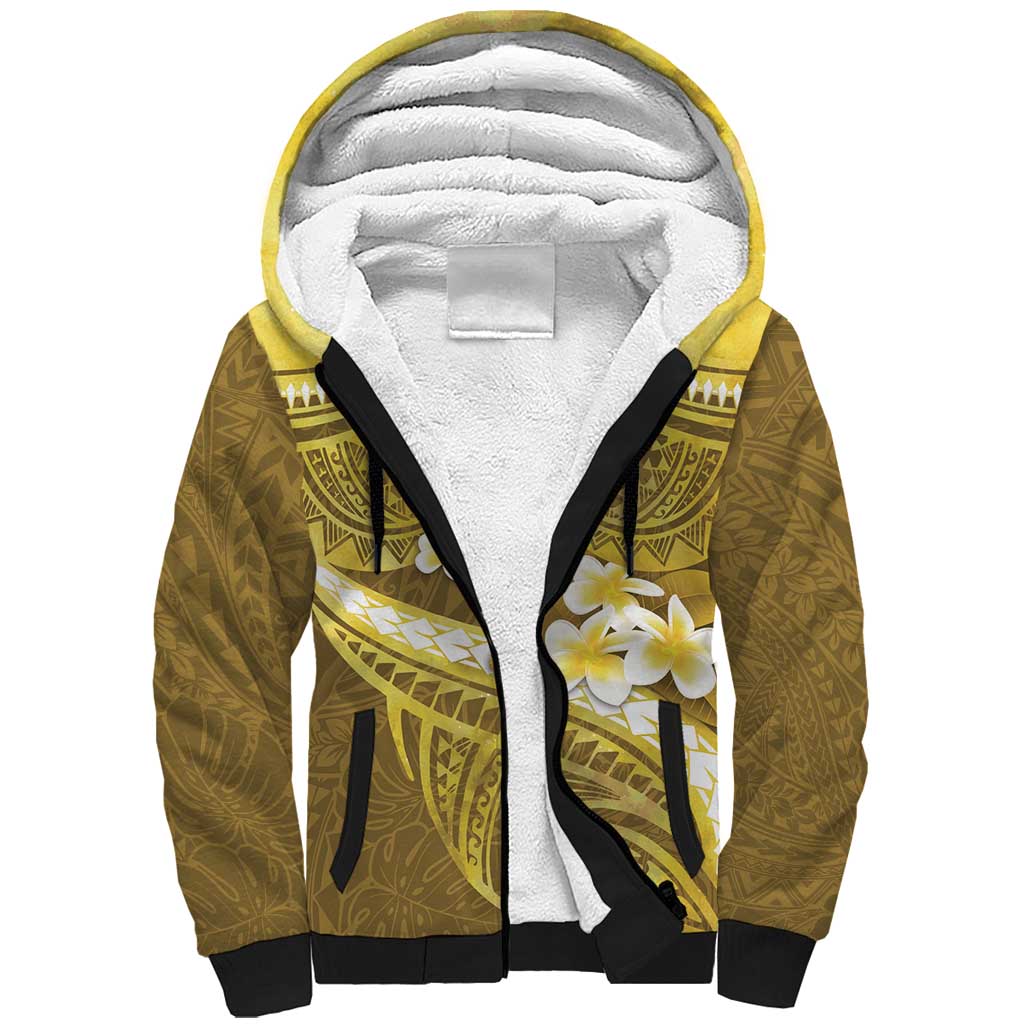 Gold Polynesia Sherpa Hoodie Tribal Pattern Tropical Frangipani