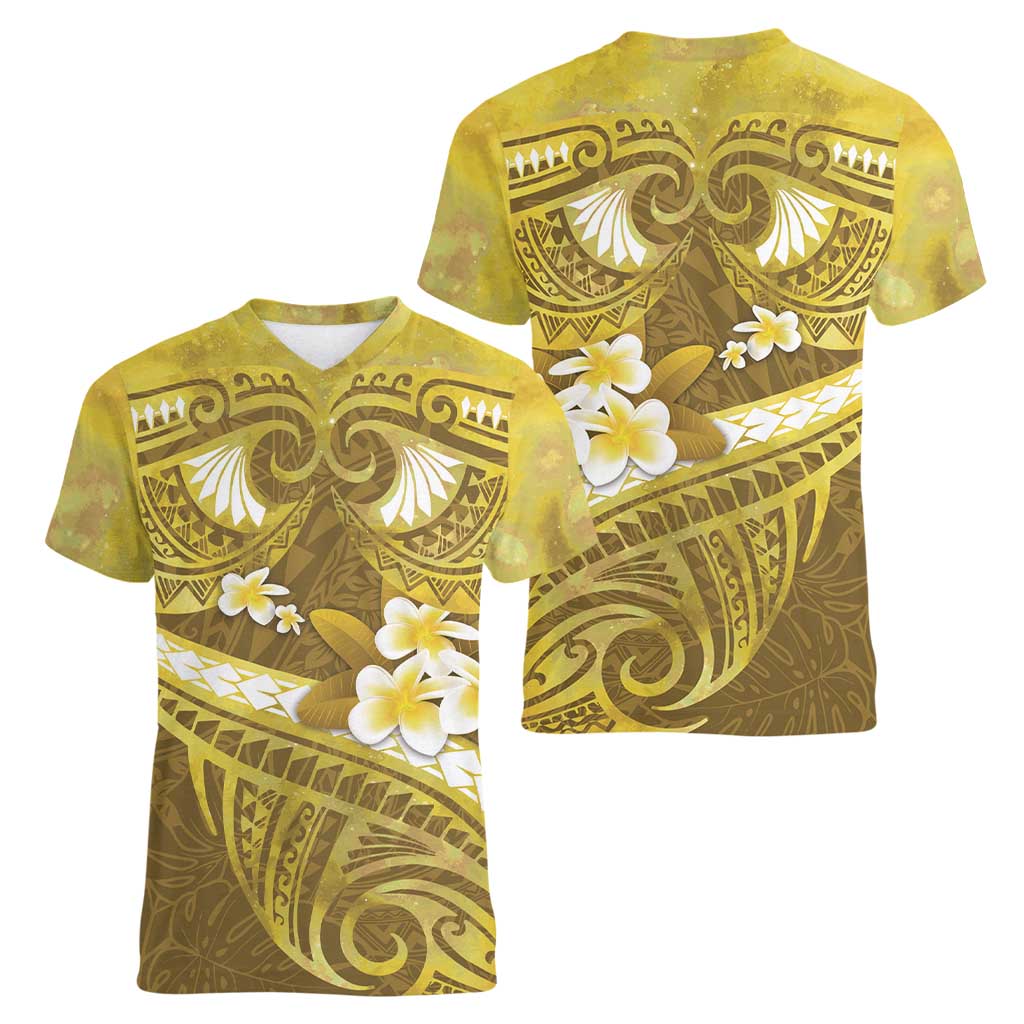Gold Polynesia Women V-Neck T-Shirt Tribal Pattern Tropical Frangipani LT14 - Polynesian Pride