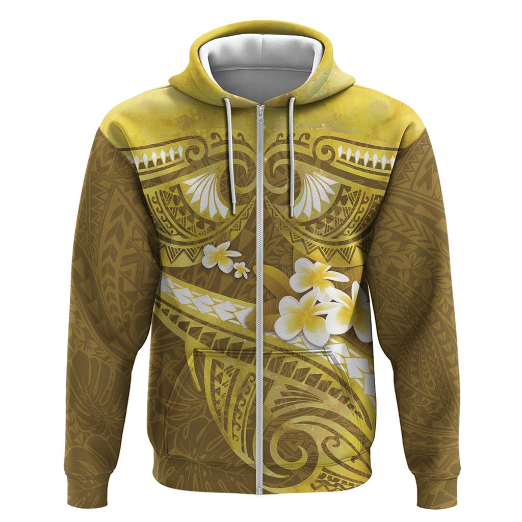 Gold Polynesia Zip Hoodie Tribal Pattern Tropical Frangipani