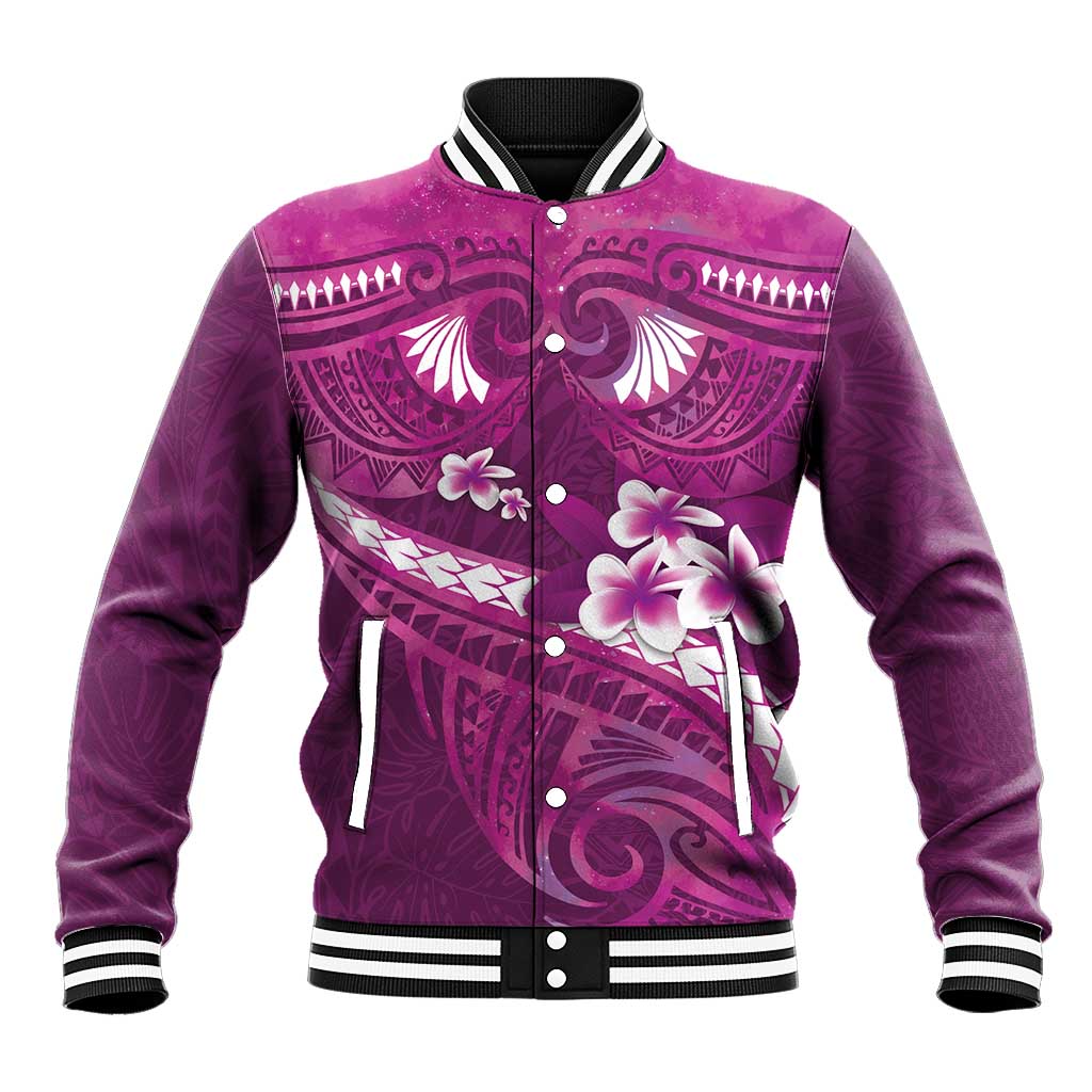 Pink Polynesia Baseball Jacket Tribal Pattern Tropical Frangipani