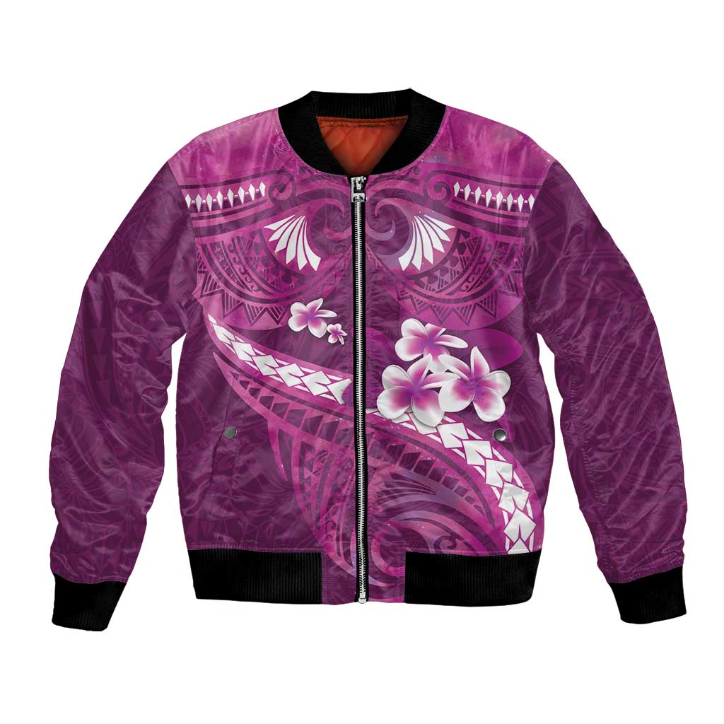Pink Polynesia Bomber Jacket Tribal Pattern Tropical Frangipani
