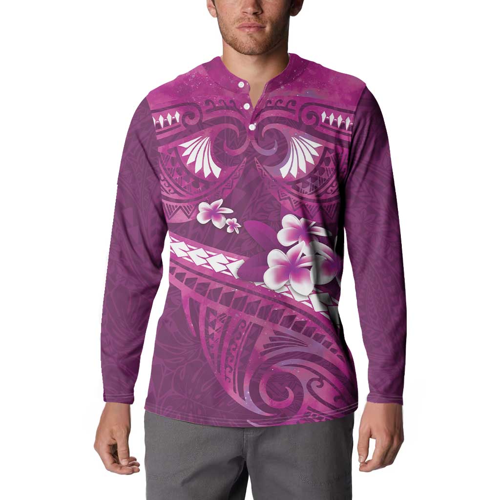 Pink Polynesia Button Sweatshirt Tribal Pattern Tropical Frangipani LT14 - Polynesian Pride