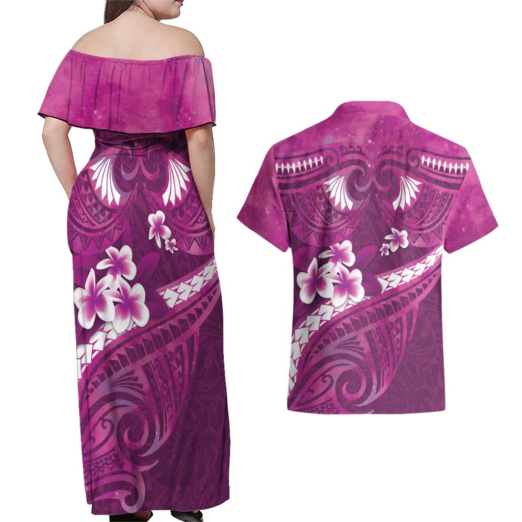 Pink Polynesia Couples Matching Off Shoulder Maxi Dress and Hawaiian Shirt Tribal Pattern Tropical Frangipani