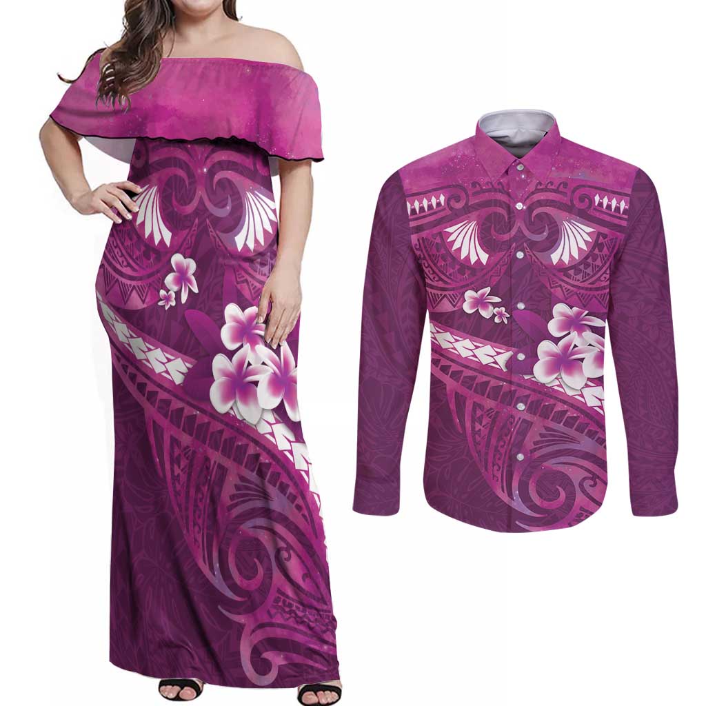 Pink Polynesia Couples Matching Off Shoulder Maxi Dress and Long Sleeve Button Shirt Tribal Pattern Tropical Frangipani