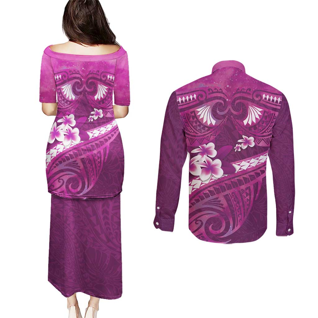 Pink Polynesia Couples Matching Puletasi and Long Sleeve Button Shirt Tribal Pattern Tropical Frangipani