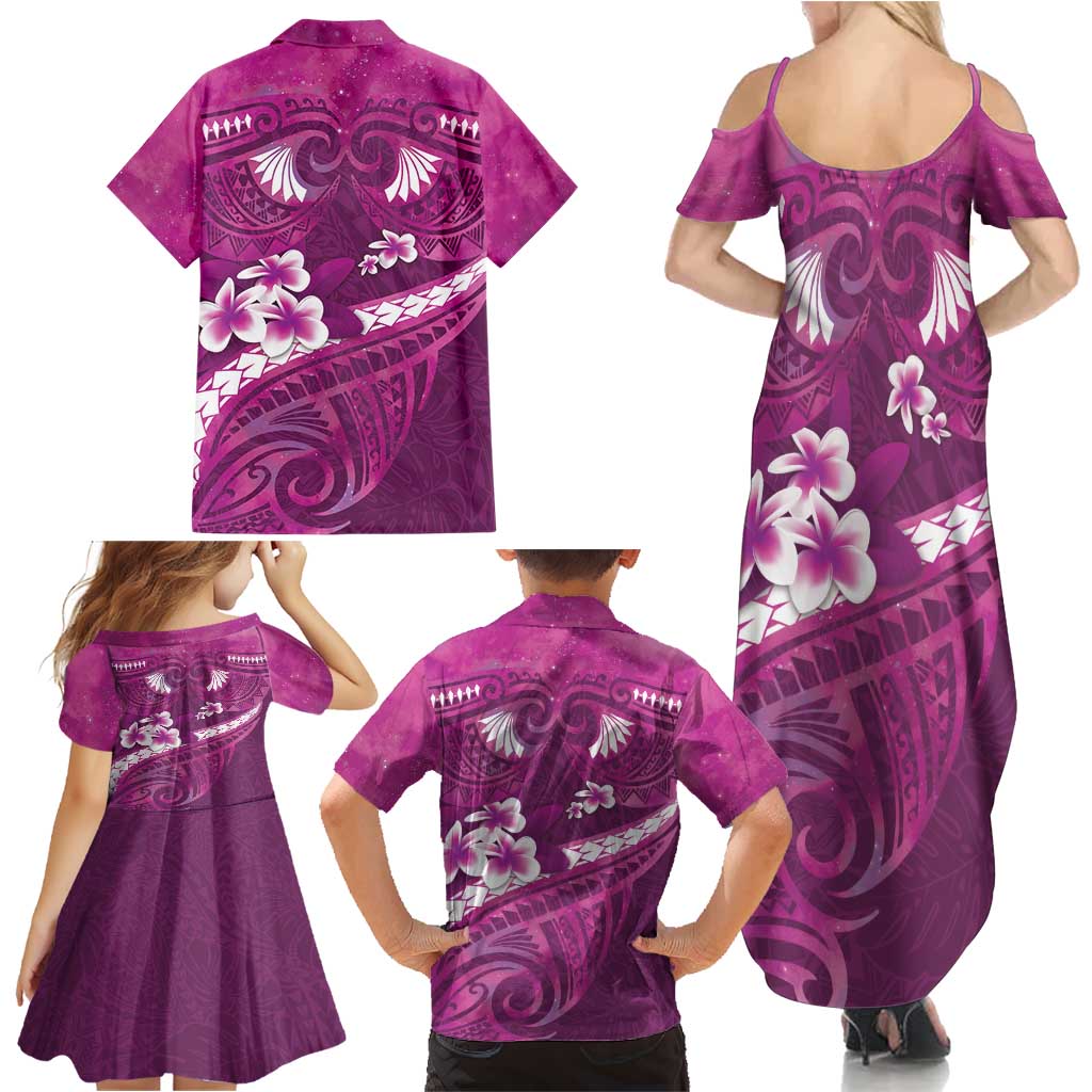 Pink Polynesia Family Matching Summer Maxi Dress and Hawaiian Shirt Tribal Pattern Tropical Frangipani