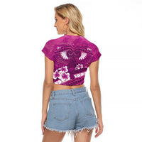 Pink Polynesia Raglan Cropped T Shirt Tribal Pattern Tropical Frangipani LT14 - Polynesian Pride