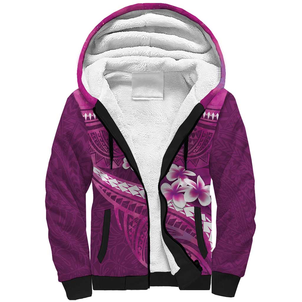 Pink Polynesia Sherpa Hoodie Tribal Pattern Tropical Frangipani