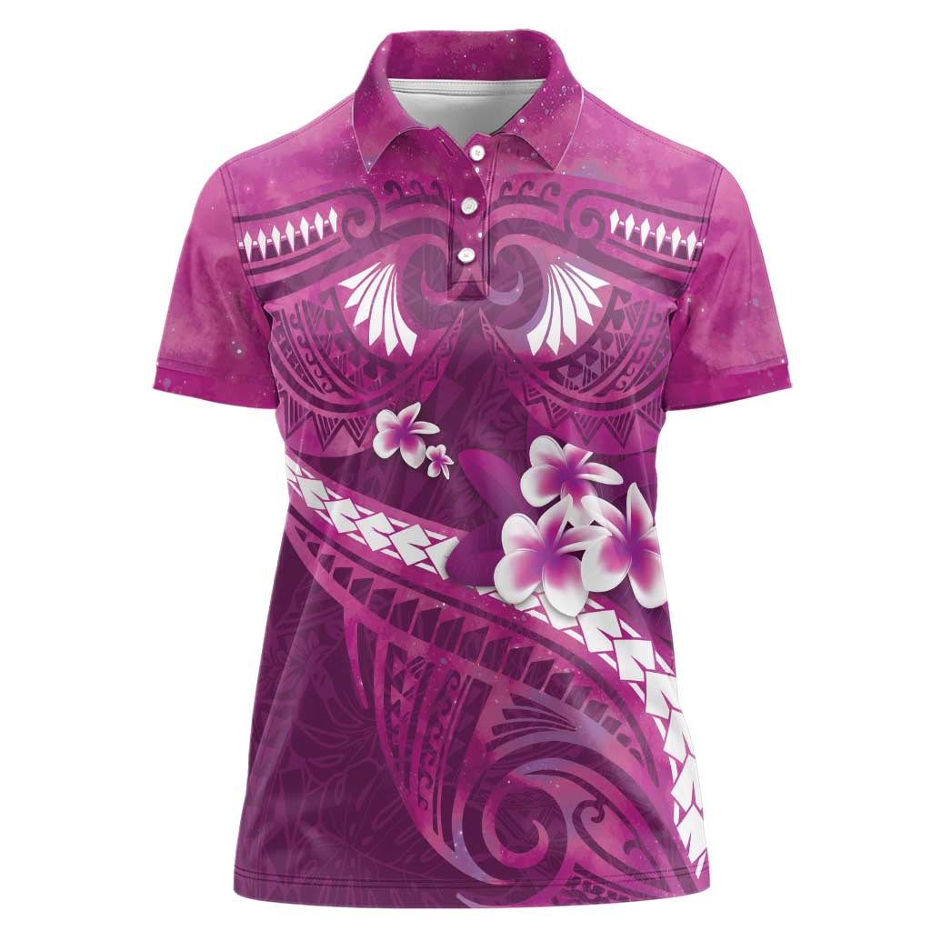 Pink Polynesia Women Polo Shirt Tribal Pattern Tropical Frangipani