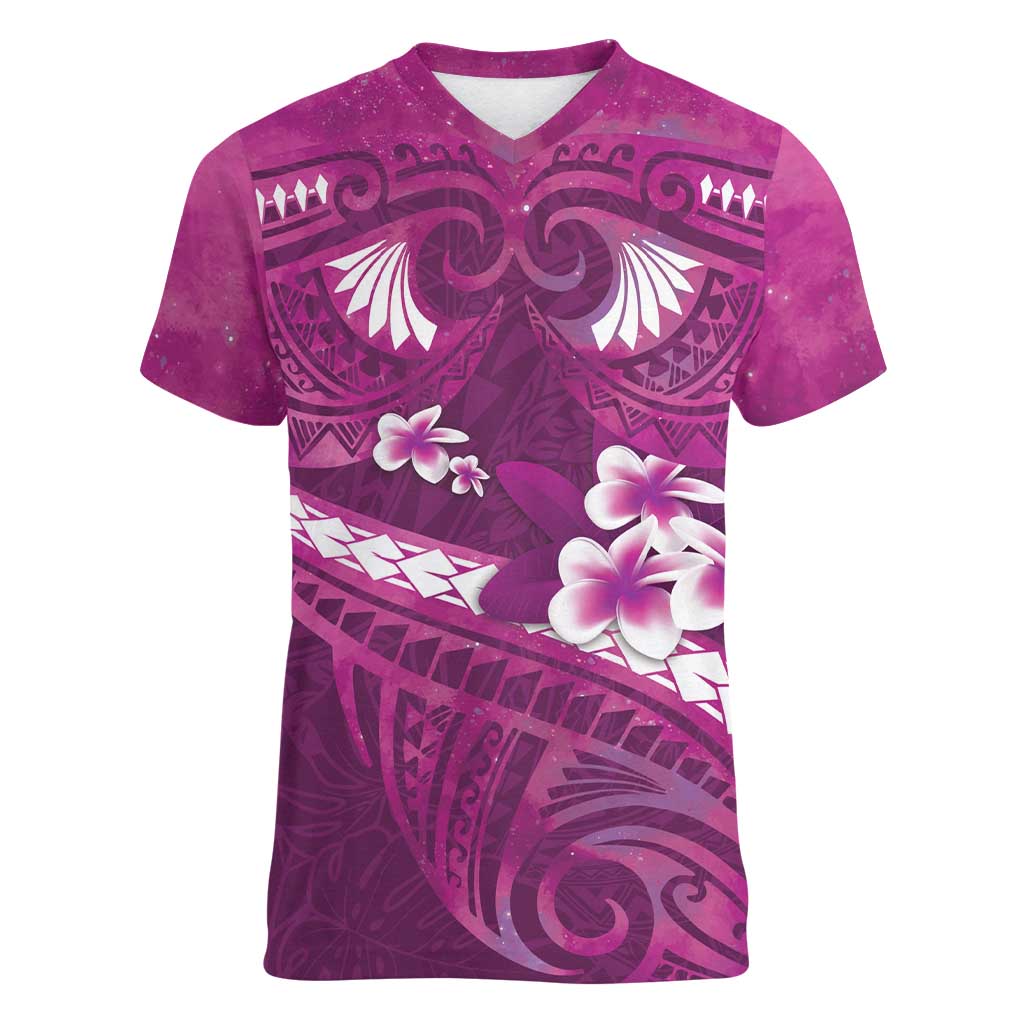 Pink Polynesia Women V-Neck T-Shirt Tribal Pattern Tropical Frangipani LT14 Female Pink - Polynesian Pride