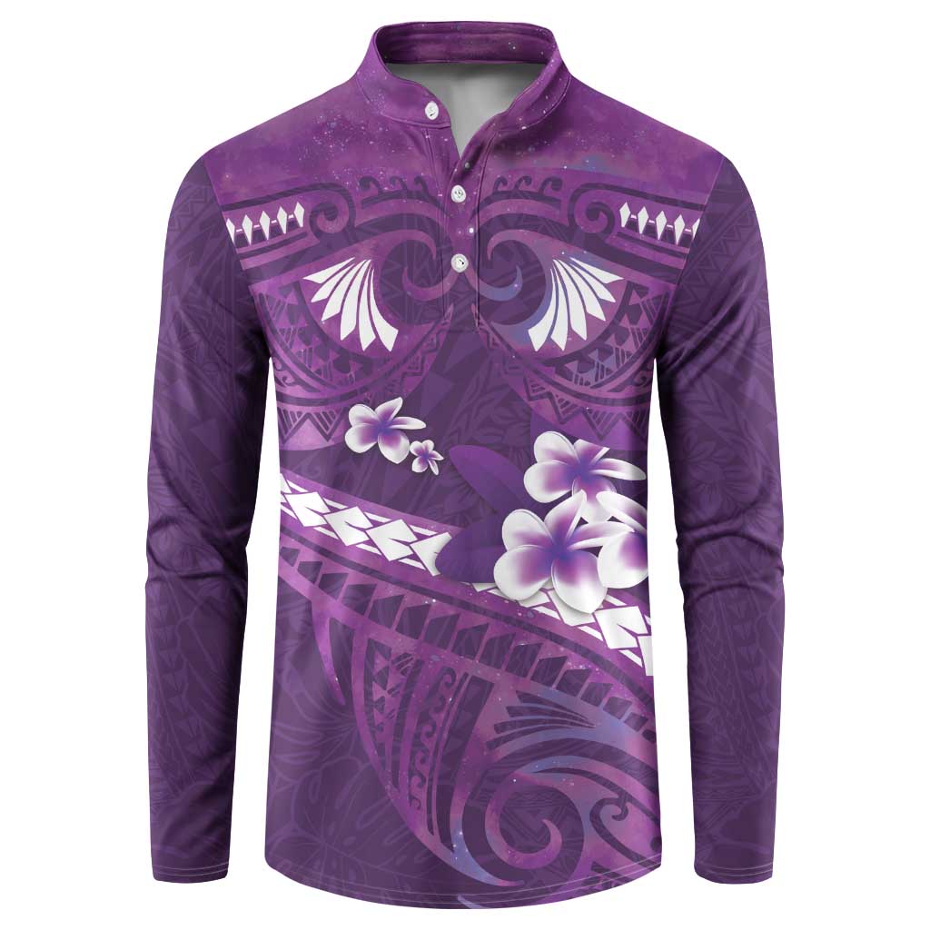 Purple Polynesia Button Sweatshirt Tribal Pattern Tropical Frangipani