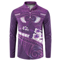 Purple Polynesia Button Sweatshirt Tribal Pattern Tropical Frangipani