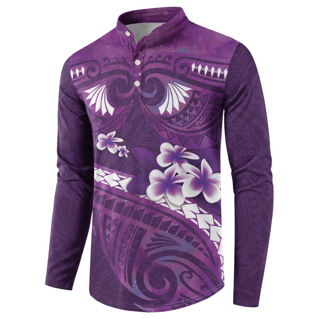 Purple Polynesia Button Sweatshirt Tribal Pattern Tropical Frangipani