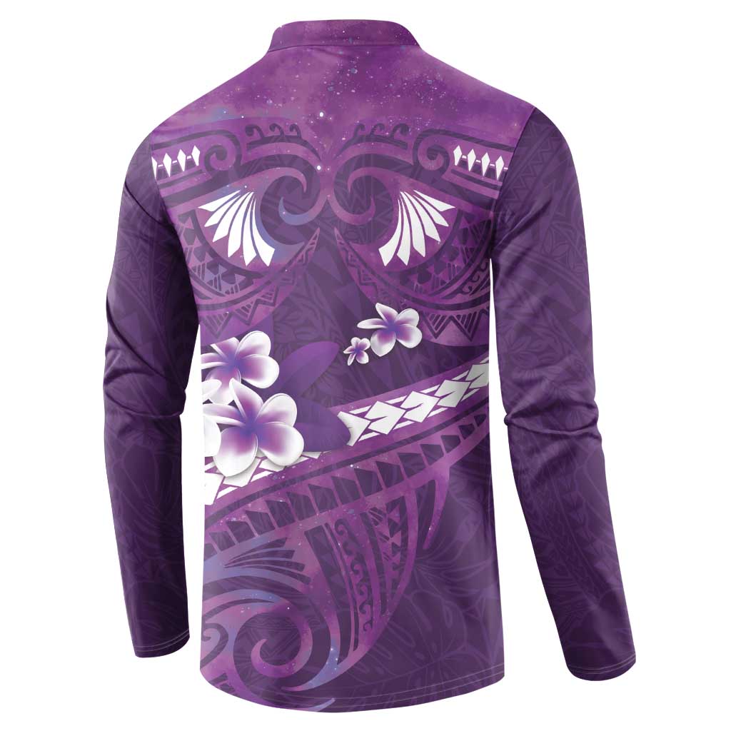 Purple Polynesia Button Sweatshirt Tribal Pattern Tropical Frangipani