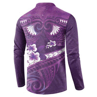 Purple Polynesia Button Sweatshirt Tribal Pattern Tropical Frangipani