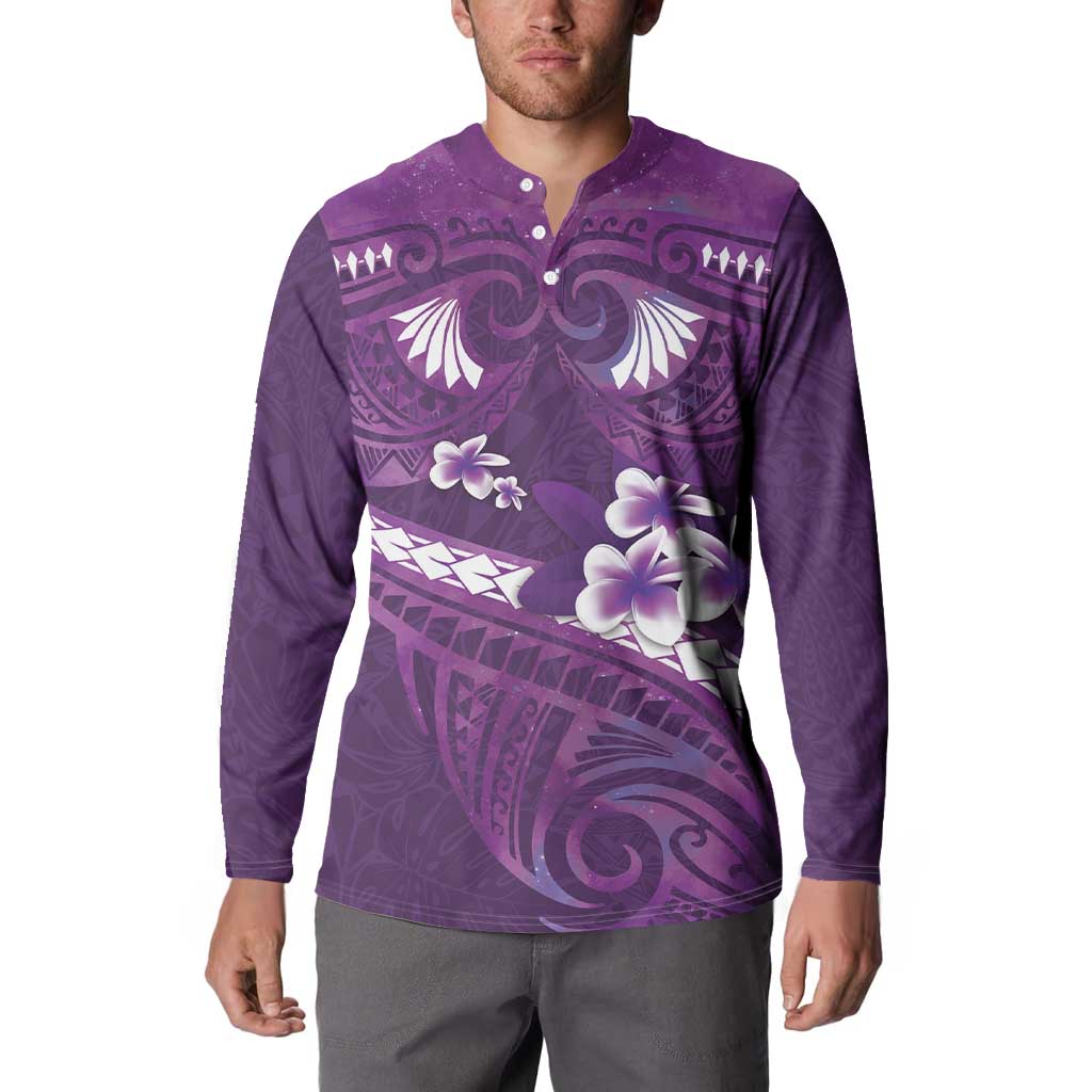 Purple Polynesia Button Sweatshirt Tribal Pattern Tropical Frangipani