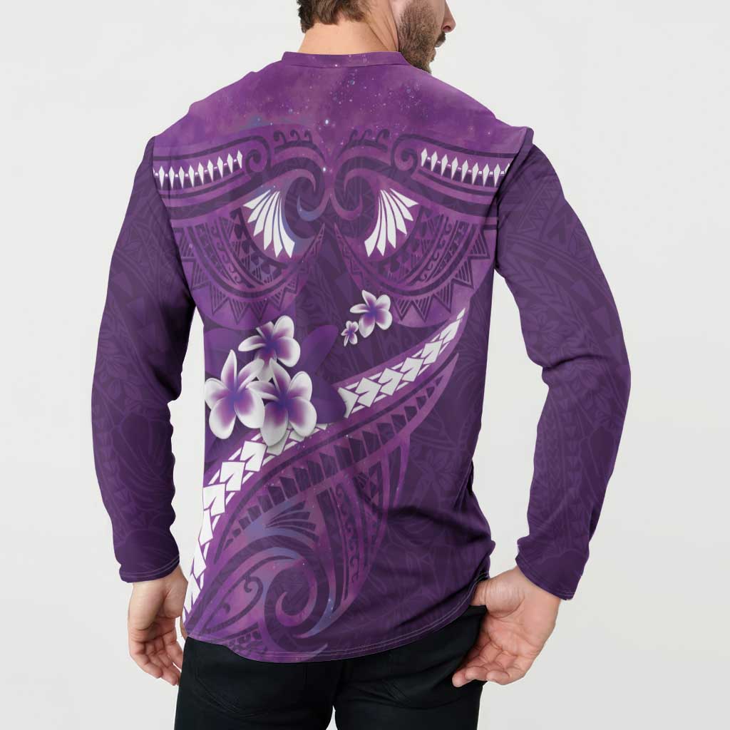 Purple Polynesia Button Sweatshirt Tribal Pattern Tropical Frangipani