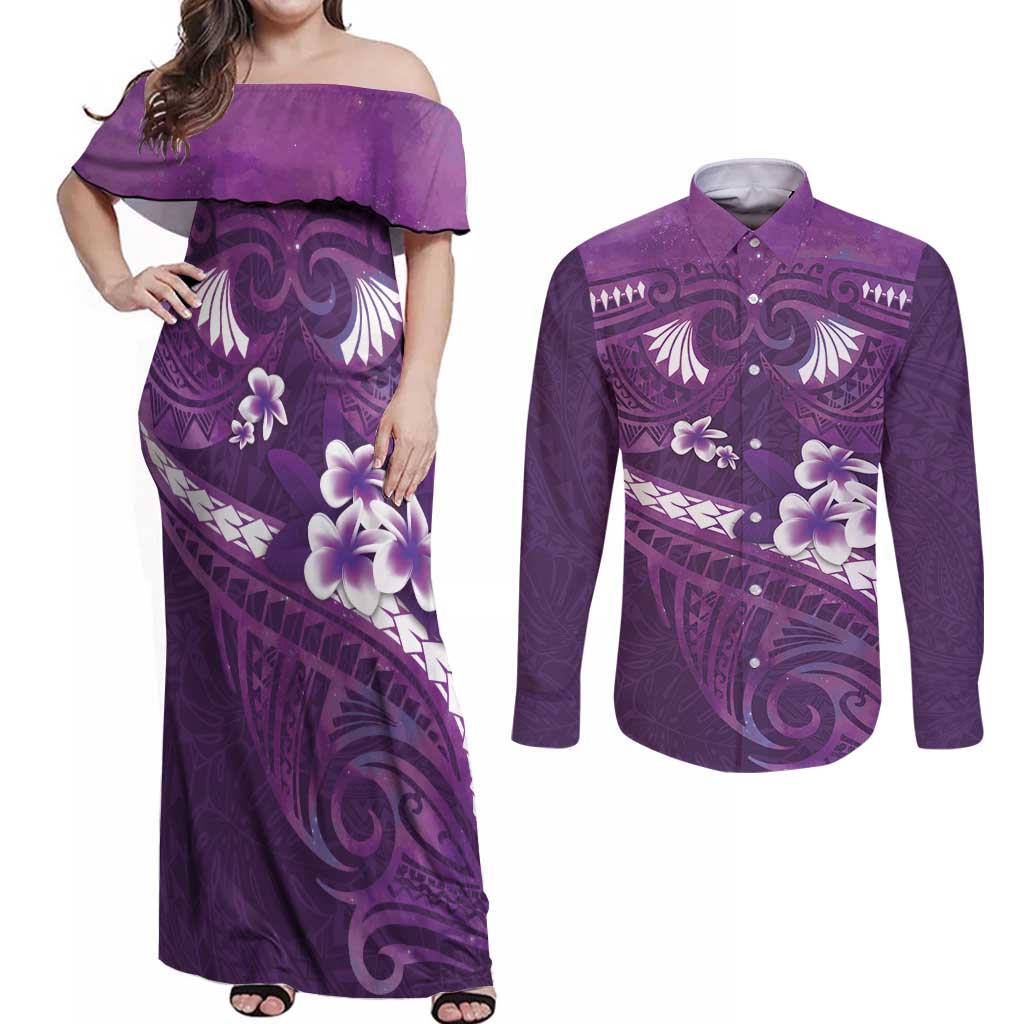 Purple Polynesia Couples Matching Off Shoulder Maxi Dress and Long Sleeve Button Shirt Tribal Pattern Tropical Frangipani