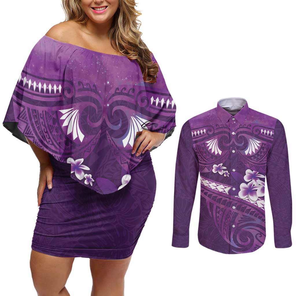 Purple Polynesia Couples Matching Off Shoulder Short Dress and Long Sleeve Button Shirt Tribal Pattern Tropical Frangipani