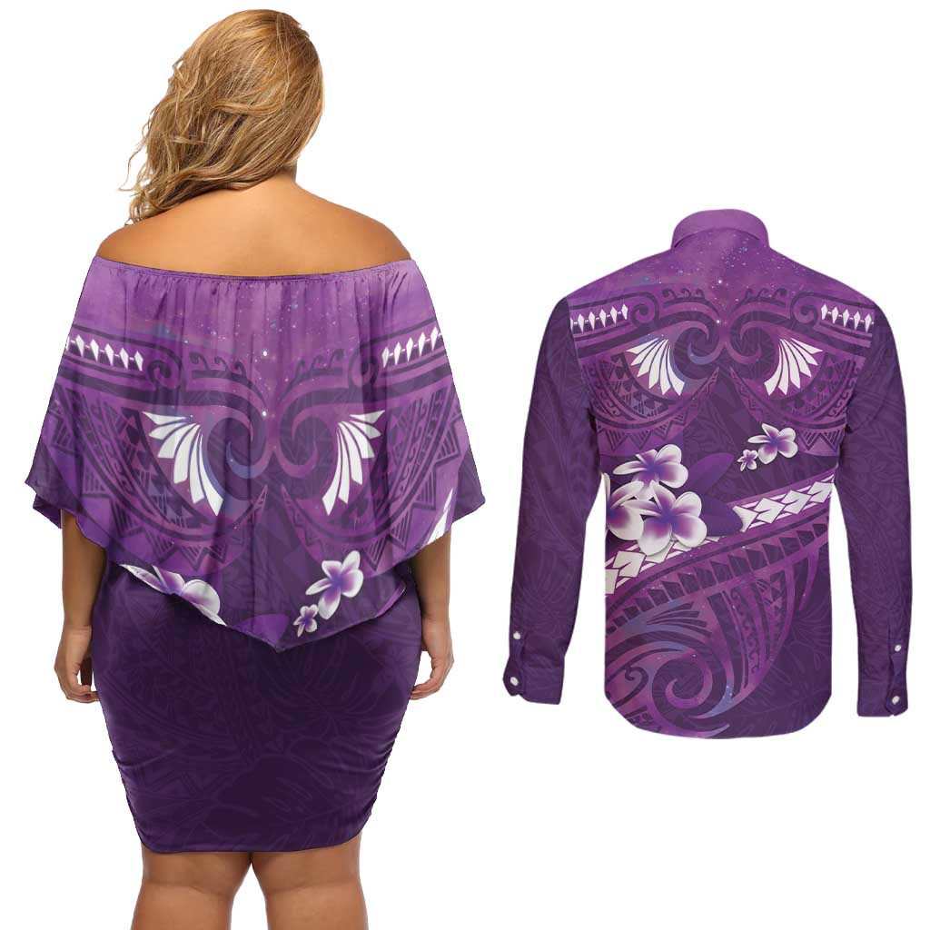 Purple Polynesia Couples Matching Off Shoulder Short Dress and Long Sleeve Button Shirt Tribal Pattern Tropical Frangipani