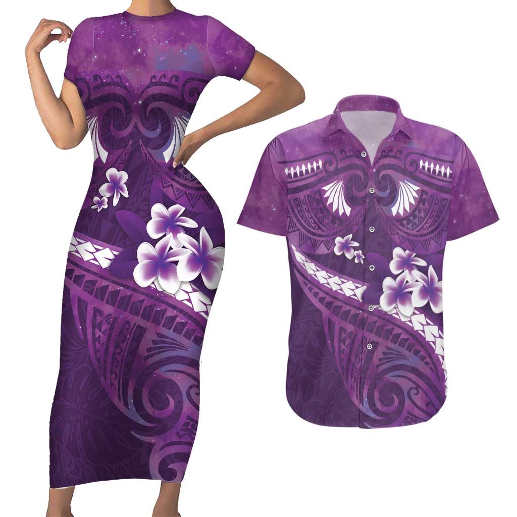 Purple Polynesia Couples Matching Short Sleeve Bodycon Dress and Hawaiian Shirt Tribal Pattern Tropical Frangipani