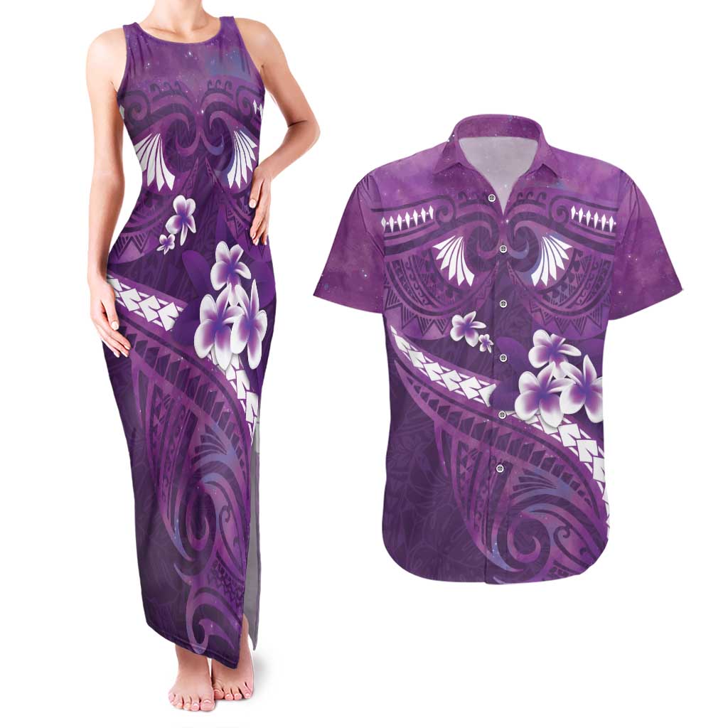 Purple Polynesia Couples Matching Tank Maxi Dress and Hawaiian Shirt Tribal Pattern Tropical Frangipani